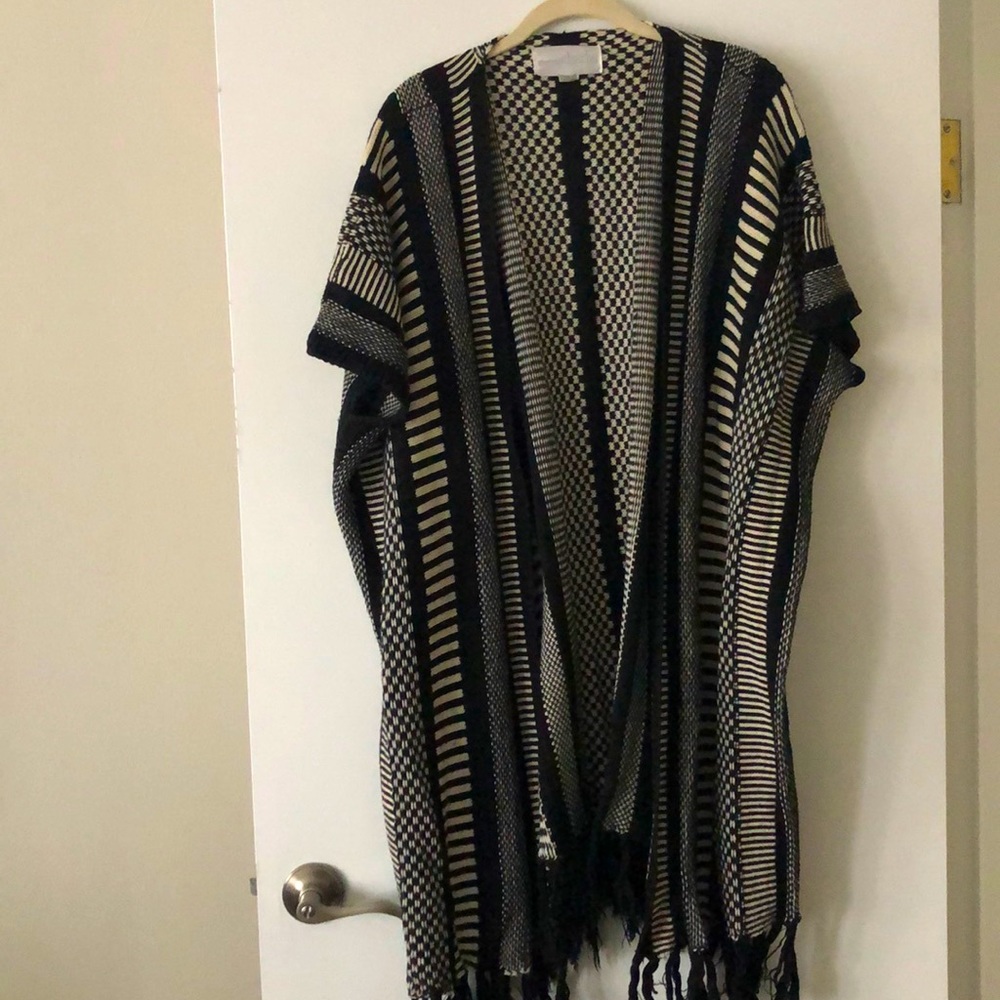 Cream & Black Cardigan Poncho w/ Tassel Detail